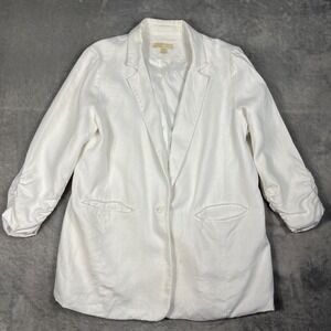 Michael Kors White 100% Linen Blazer Ruched 3/4 Sleeves Sz 14 Relaxed Fit Lined